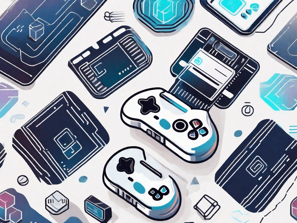 A gaming console and financial technology symbols like a credit card and a digital wallet