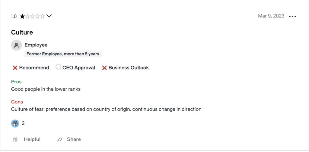 Glassdoor review on African fintech company