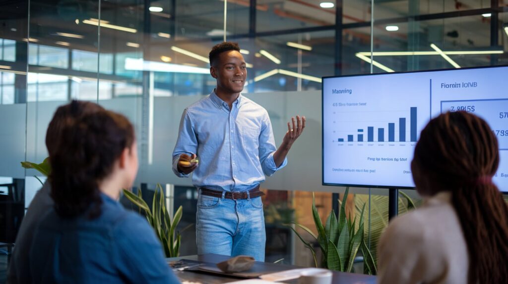 African tech entrepreneur in their early 30s in a casual business setting (jeans, button-up shirt) presenting to a small team. Standing next to a TV screen showing financial graphs/metrics. Modern meeting room with glass walls. Scene should capture the energy of a startup pitch or team meeting. Natural, candid feel. Style: Photojournalistic, 4K, ambient lighting. Location: Modern African office space.